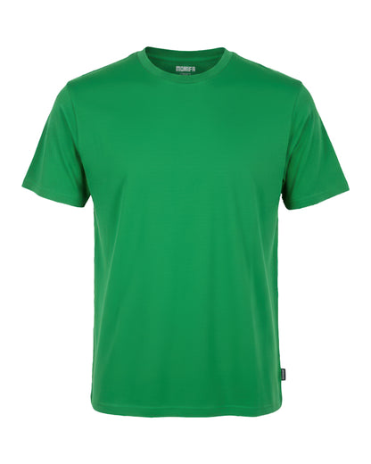 Plain, green short-sleeved t-shirt is shown from the front on a black background, with a small tag visible at the bottom.