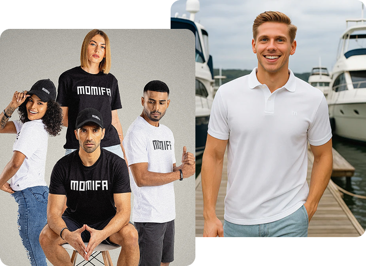 Four people wearing "MOMIFA" t-shirts and hats pose indoors, while a smiling man in a white polo shirt poses on a dock next to boats.
