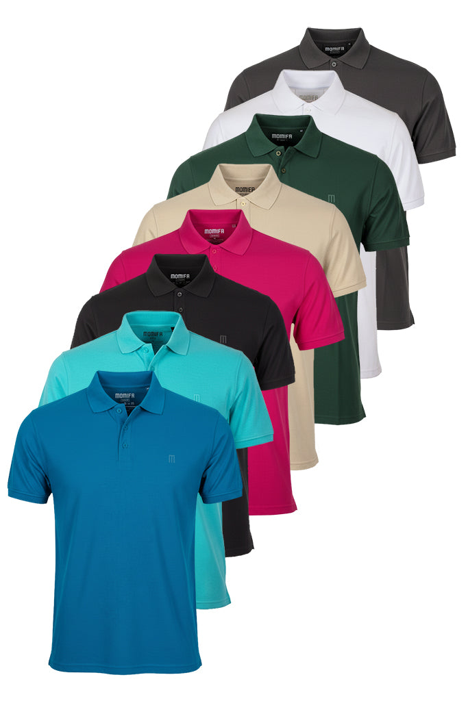Fanned stack of seven men's polo shirts in different colors: blue, turquoise, pink, beige, green, white, and gray.