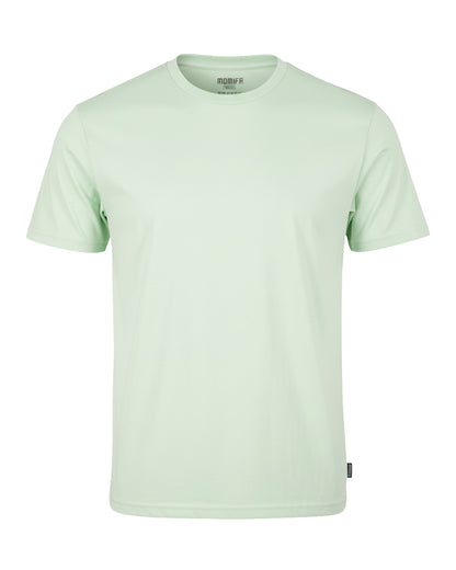 Plain, light green, short-sleeve men's t-shirt with a round neck is shown on a white background.