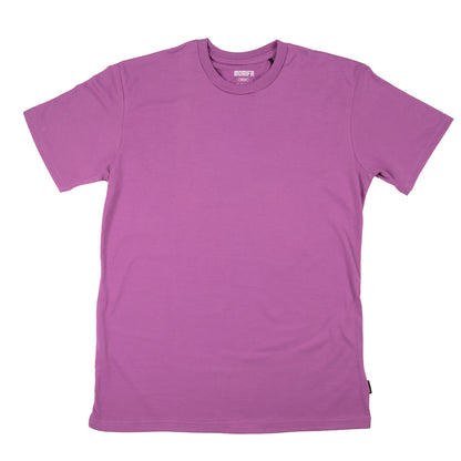 Plain, purple, short-sleeved crew-neck t-shirt with a small brand tag on the hem and a label on the collar.