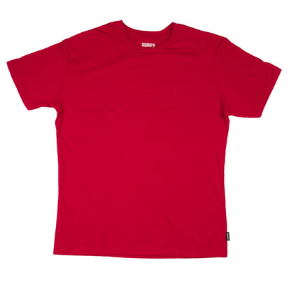 Front view of a plain, bright red t-shirt with short sleeves and a crew neck, photographed against a black and white background.
