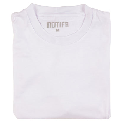 Folded white t-shirt with the "MOMIFΛ" brand logo and a size "M" tag printed on the collar.