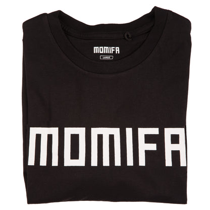 Folded black t-shirt is shown with the brand name "MOMIFA" printed in large, white block letters on the front.