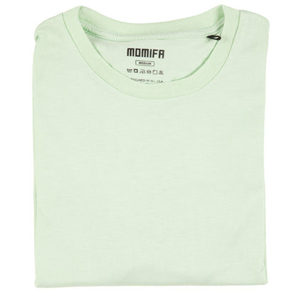 Light green Momifa brand medium-sized t-shirt with a visible tag. The shirt is plain with a round neck.