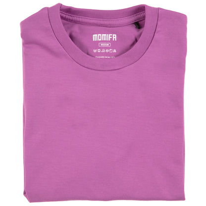 Folded, plain purple t-shirt is shown with a white brand label that reads "MOMIFA MEDIUM" on the collar.