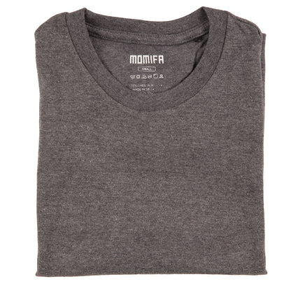 folded dark grey crew-neck t-shirt with a visible label showing the brand name "MOMIFA" and size "SMALL."