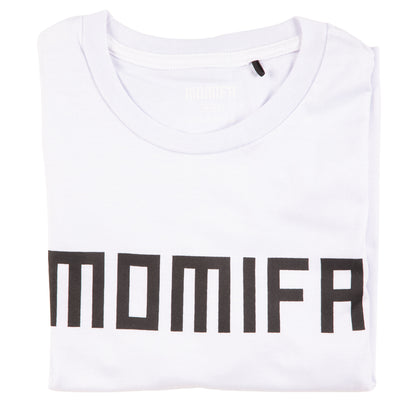 white t-shirt with the word "MOMIFA" printed on the front in large, black, block letters.