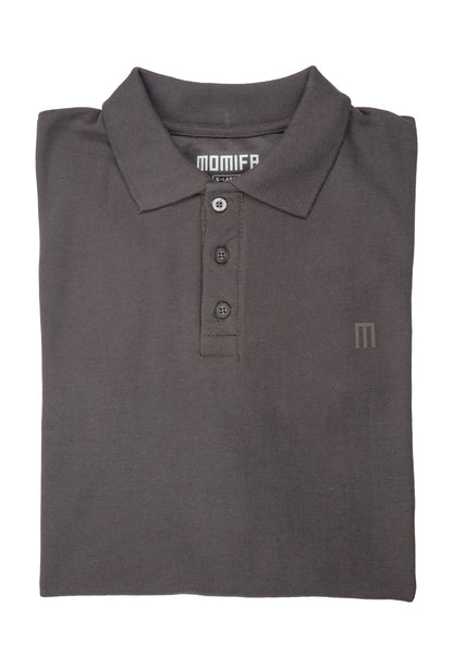 dark gray, short-sleeved polo shirt with a collar, a three-button placket, and a subtle ""M"" logo on the left chest.