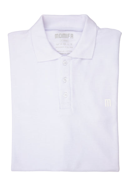 Folded white polo shirt with a collar, a three-button placket, and a subtle ""M"" logo on the left chest.