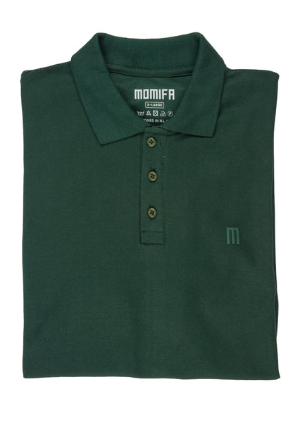Dark green polo shirt with a collar, a three-button placket, and a subtle "M" logo on the left chest.