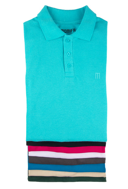 A stack of folded men's polo shirts in various colors, including turquoise, black, pink, white, gray, beige, and green.
