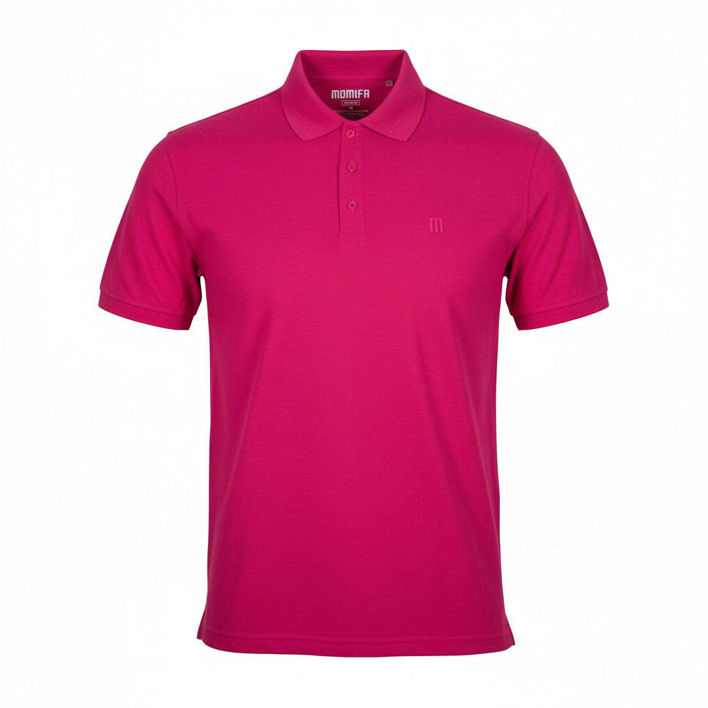 Pink, short-sleeved polo shirt with a collar, a three-button placket, and a small, tonal ""M"" logo on the left chest.