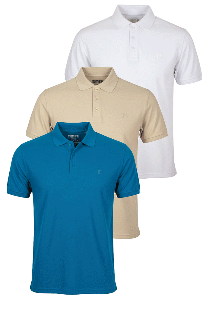 stack of three men's short-sleeve polo shirts in gray, teal, and white.