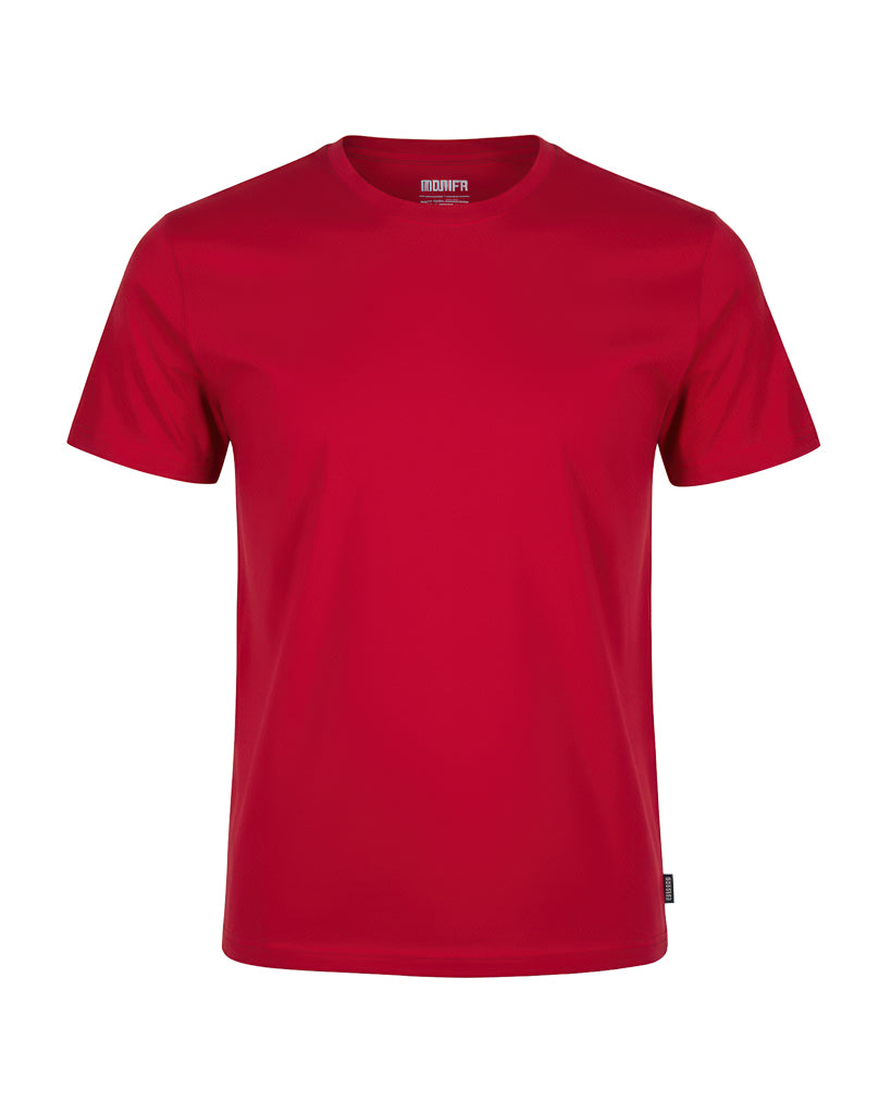 Red, plain, short-sleeve crew-neck t-shirt, shown on a mannequin or stand against a dark background.