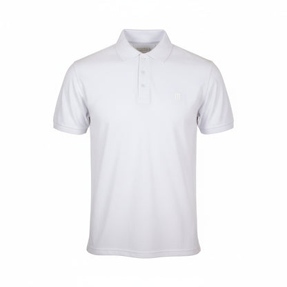 White polo shirt with a three-button placket and a subtle tonal "m" logo embroidered on the left side of the chest.