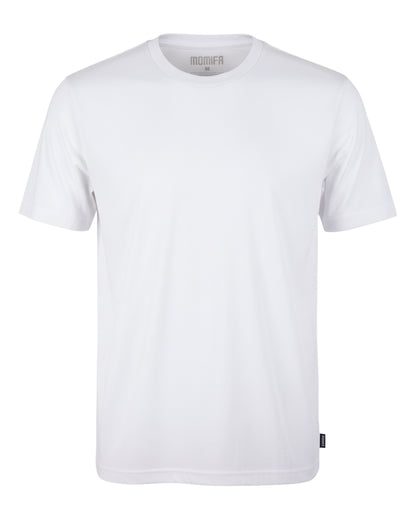 Clean, crisp, white MOMIFA t-shirt on a black background.