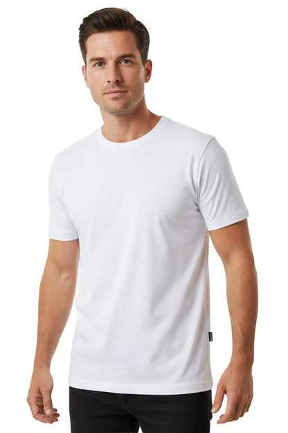Man with dark hair wearing a simple white short-sleeve crew neck t-shirt and black pants, standing against a white background