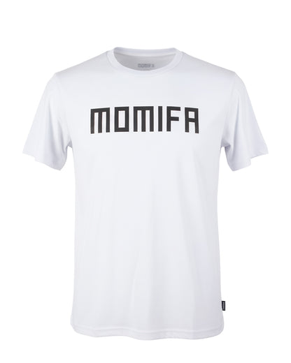 White t-shirt is shown with the brand name "MOMIFA" printed in large, black block letters on the front.
