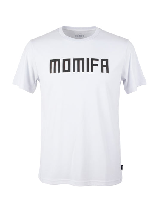 White t-shirt is shown with the brand name "MOMIFA" printed in large, black block letters on the front.