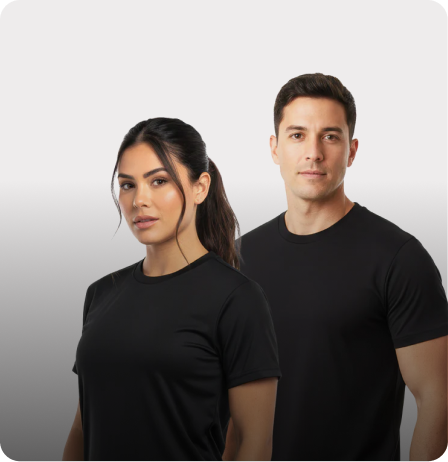 man and a woman wearing plain black t-shirts stand side-by-side.